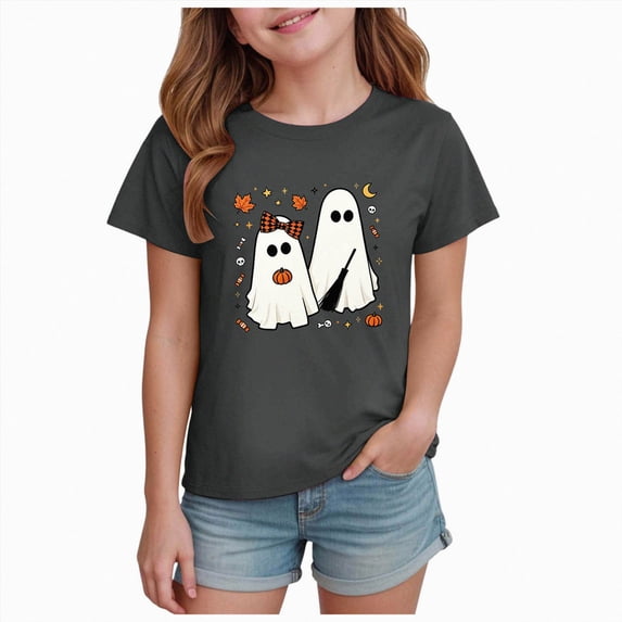 NOLDARES Toddler Girls Thanksgiving Shirts Turkey Pumpkin T Shirt Cotton Short Sleeve Halloween Tops(Grey,5-6 Years)