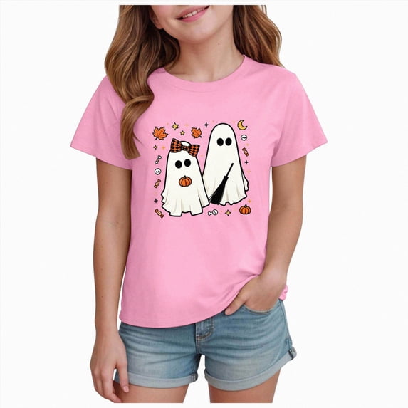 NOLDARES Toddler Girls Thanksgiving Shirts Turkey Pumpkin T Shirt Cotton Short Sleeve Halloween Tops(Pink,13-14 Years)