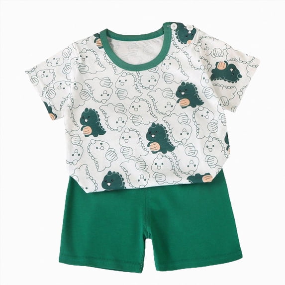 NOLDARES Toddler Kids Baby Boy Outfits 2 Pieces Dinosaur Print Round Neck Short Sleeve Top Elastic Waist Cargo Shorts Summer Clothes(Dark Green,18-24 M)