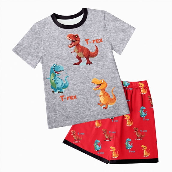 NOLDARES Toddler Kids Baby Boy Summer Outfits 2pcs Dinosaur Truck Print Round Neck Short Sleeve Tee Shirt Elastic Waist Shorts Clothes(Dark Gray,7-8 Y)