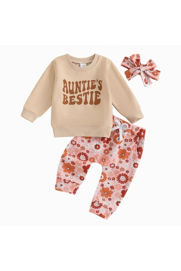 Toddler Kids Girl Cute Fall Winter Clothes 2 Piece Long Sleeve Graphic Tee and Elastic Waist Joggers Outfits Clothing(Beige,2-3 Y)