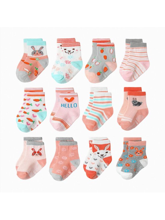 Toddler Non-Slip Floor Socks,Boys Girls Soft Grip for Indoor Crawling, Home Play & Daily Kids Wear 12-Pairs