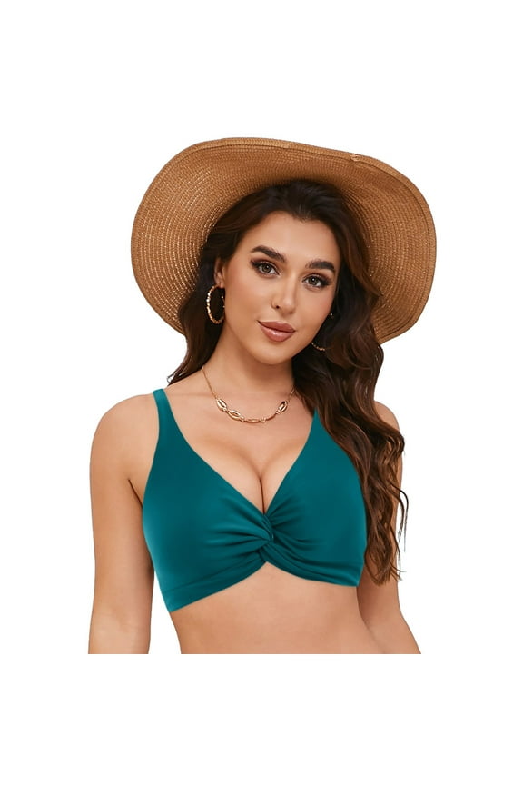 Women Bikini Top - Push Up Large Bust V Neck Swimsuit Top Twist Front Bathing Suit(Dark Green,XXL)