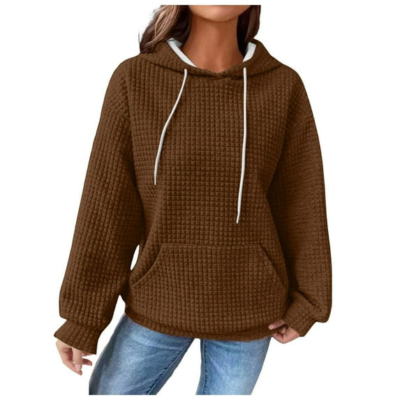 NOLDARES Women Pullover Hoodies Pocket Sweatshirt Casual Fashion Long Sleeve Solid/Color Block Basic Pullover Top(Brown,S)