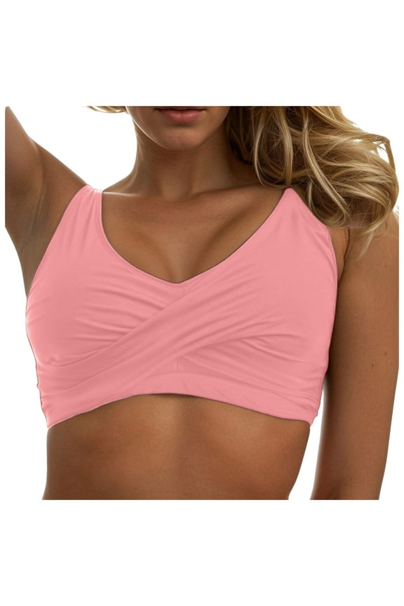 Women Sport Bra Swimsuit Top - Swim Bra Bikini Top Crew Neck Bathing Top 2026 Swimwear(Pink,XL)