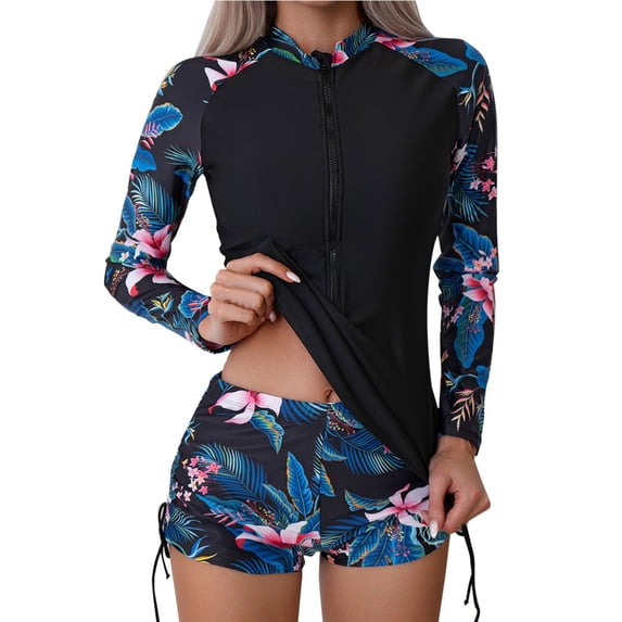 NOLDARES Women Two Piece Rash Guard Long Sleeve Swimsuit Swim Shirt with Shorts Modest Bathing Suit UPF 50+(BK3,XXL)