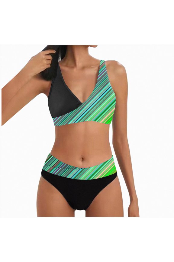 Women's Bikini Sets Halter V Neck Self Tied Straps Bathing Suit Low Rise Bottom for Holiday(Green,L)