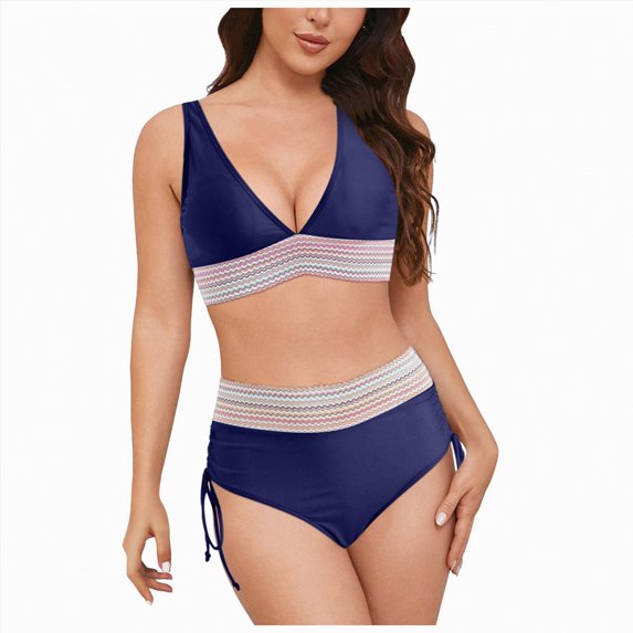 NOLDARES Women's Bikini Sets Two Piece Swimsuit V Neck Halter Back Tie Low Rise Bottom(Navy,L)