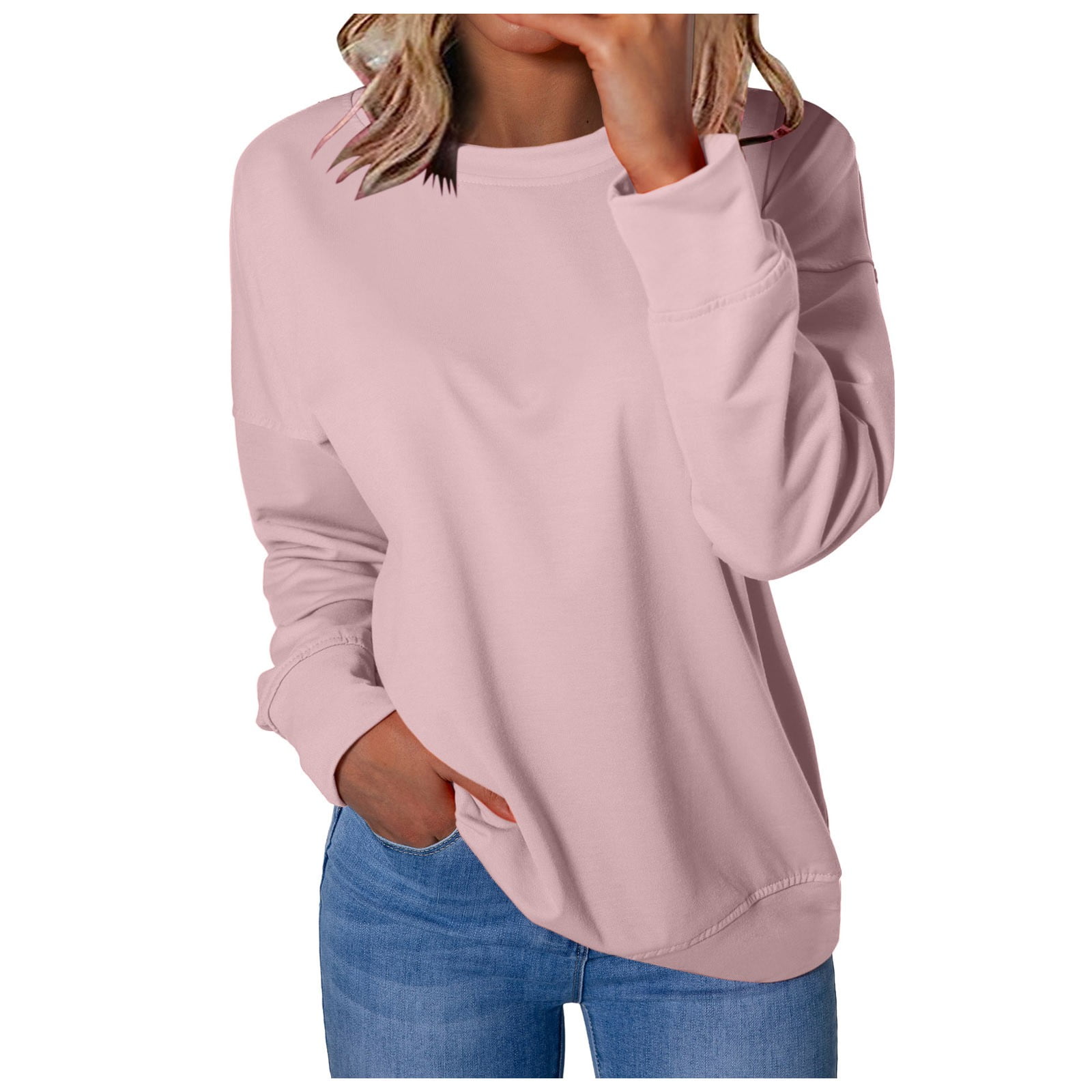 Bmawag Plus Size Womens Tops Long Sleeve Crew Neck Solid Color Shirts Women S Casual Comfortable Pullover Oversized Sweatshirts With Pocket Gray S