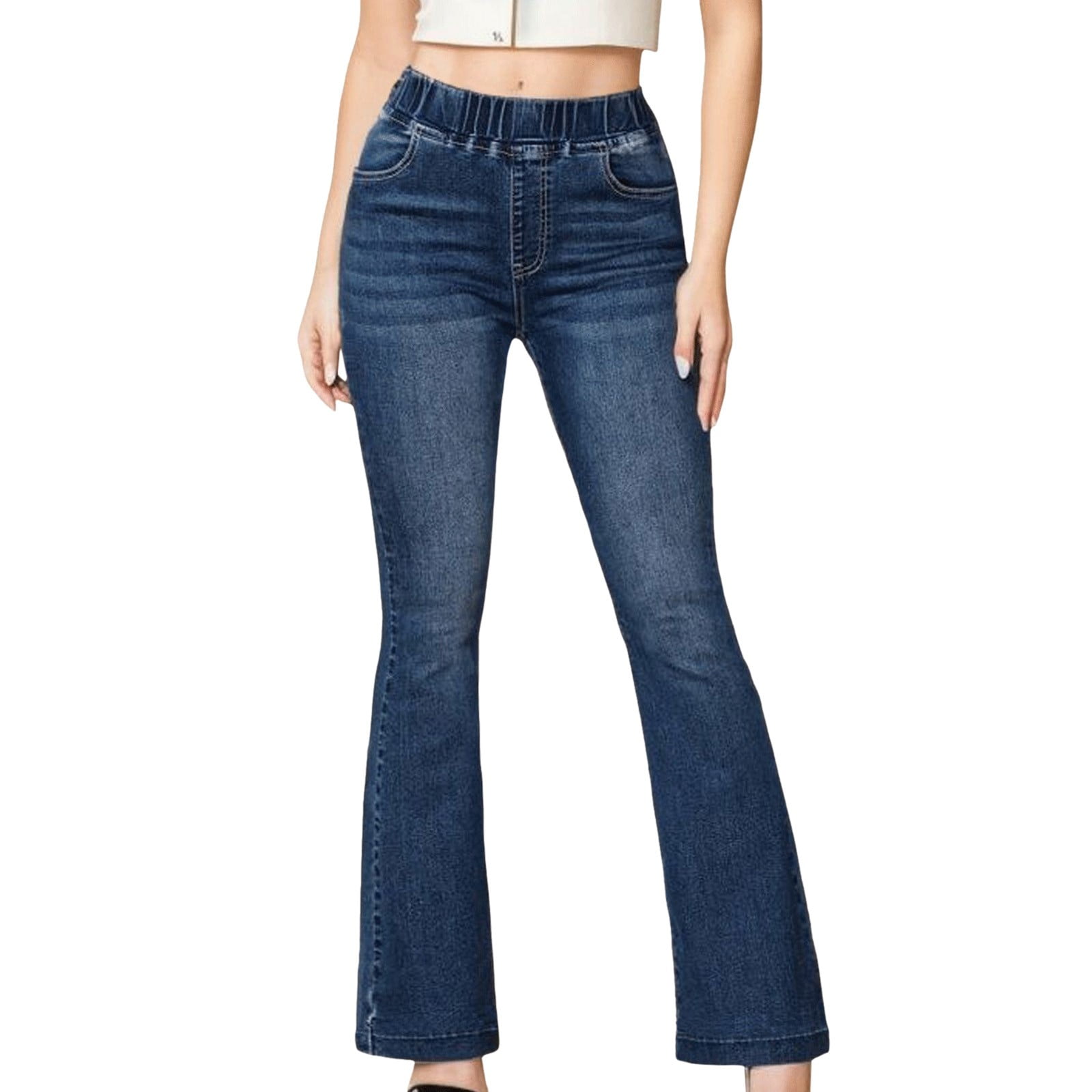 Women Navy Raw Hem Bell Bottom Jeans main image 0