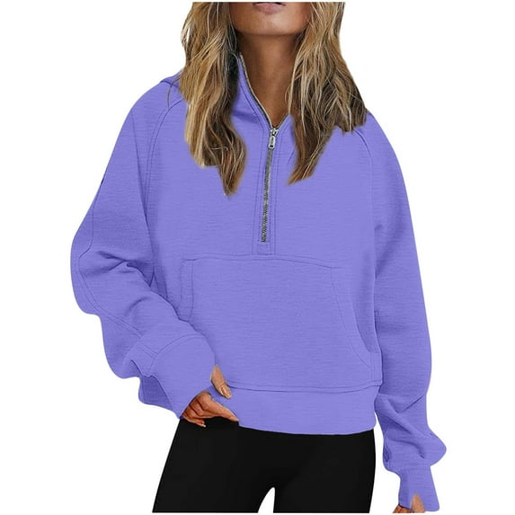 NOLDARES Women's Long Sleeve Tops Quarter Zip Pullover Collared Shirts Fall Clothes Quarter Zip Casual Sweatshirt(Purple,L)