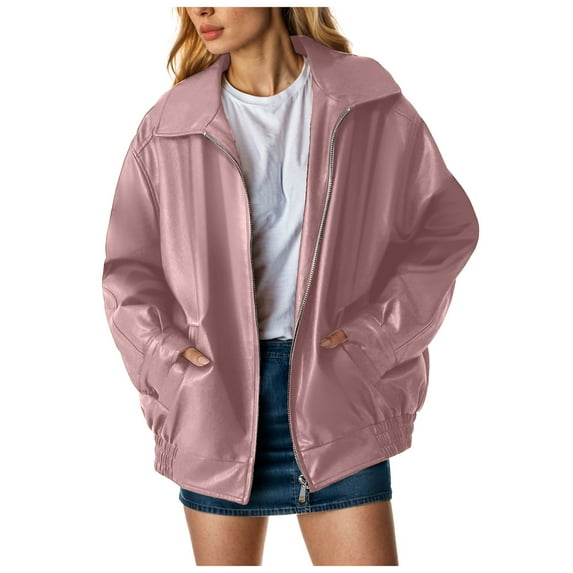 NOLDARES Women's Oversized Leather Jacket Long Sleeve Zip Up Motocycle Bomber Jackets Coats Outerwear(Pink,XL)