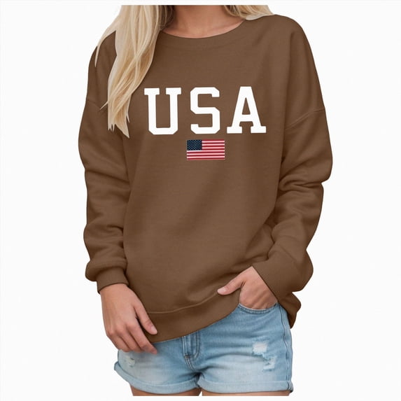 NOLDARES Women's Oversized USA Graphic Letter Print Sweatshirts Crewneck Patriotic Fleece Pullover Tops Winter Sweater,Coffee,M