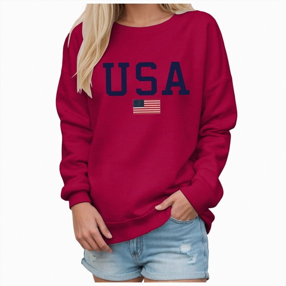 NOLDARES Women's Oversized USA Graphic Letter Print Sweatshirts Crewneck Patriotic Fleece Pullover Tops Winter Sweater,Red,S