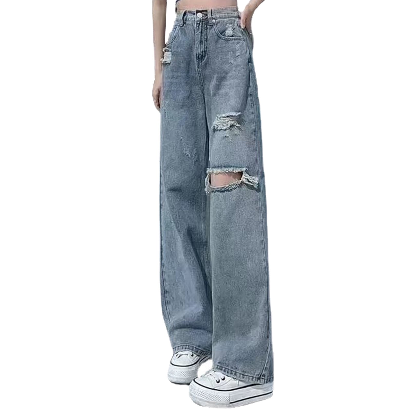 Akivide Women's High Waist Baggy Straight Leg Jeans - Boyfriend Fit, Button Fly, Roll Hem Denim Pants - View #4