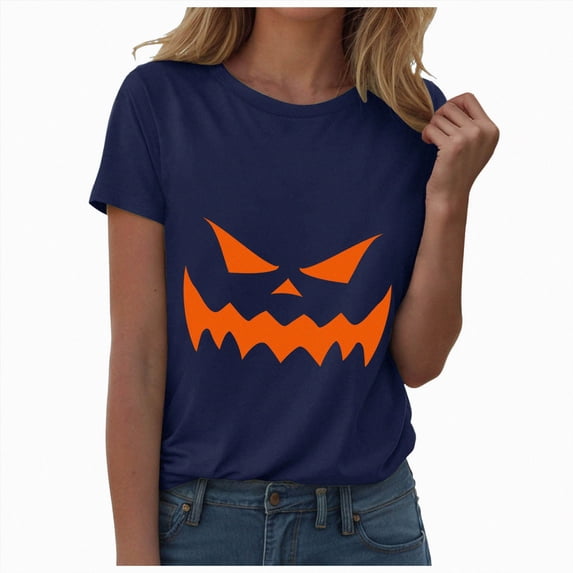 NOLDARES Womens Halloween Ghost Oversized Shirts Spooky Season Graphic Tee Short Sleeve Tops,Navy,XL