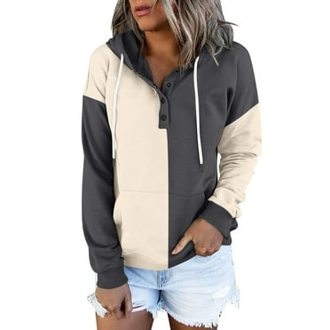 NOLDARES Womens Hoodies Tops Casual Long Sleeve Drawstring Button Pullover Sweatshirt with Pocket(Grey,S)