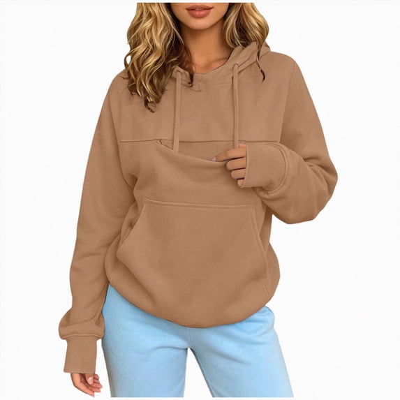 NOLDARES Womens Pet Pouch Hoodies with Kangaroo Pocket Oversized Trendy Sweatshirts Outside Kitten Puppy Carrier Holder Sweatshirts Cat Hoodie with Pouch(Q308-Khaki)