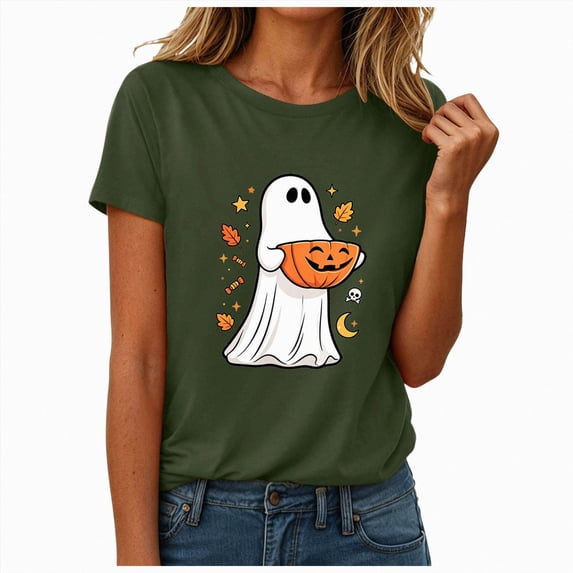 NOLDARES Womens Pumpkin Spooky Halloween Shirts Tie Dye Cute Short Sleeve Ghost Grapghic Tee Ghost Tops Costumes Fall(AG,L)