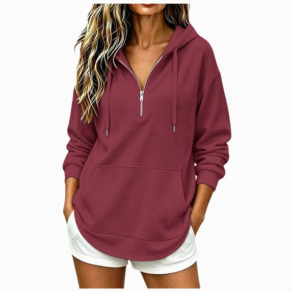 NOLDARES Womens Zip Up Hoodies Half Zip Pullover Fall Winter Oversized Workout Sweatshirts Y2k Zipper Jackets With Pockets(Wine,XL)