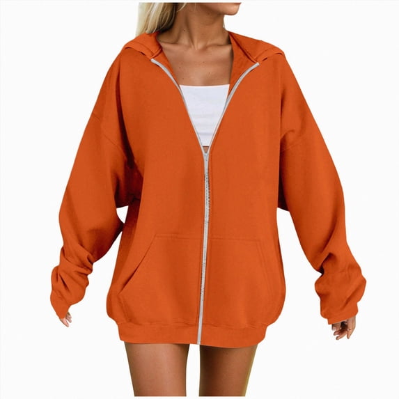 NOLDARES Zip Up Hoodie Women Long Sleeve Fall Winter Plus Size Plain Hooded Sweatshirts Trendy Casual Fashion Jacket With Pockets(Orange,XL)