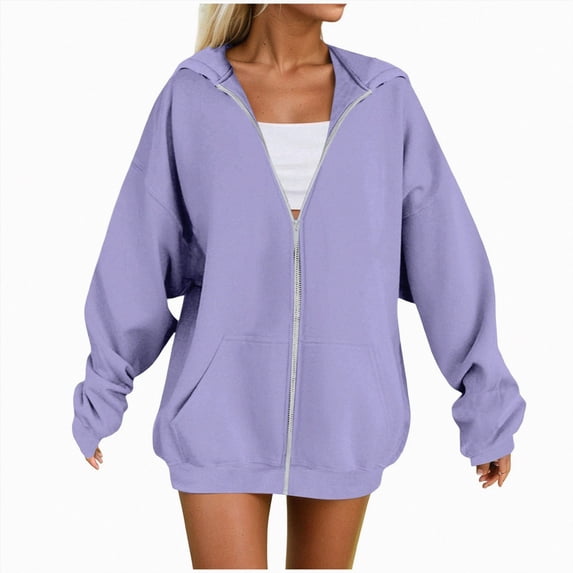 NOLDARES Zip Up Hoodie Women Long Sleeve Fall Winter Plus Size Plain Hooded Sweatshirts Trendy Casual Fashion Jacket With Pockets(Purple,XXL)