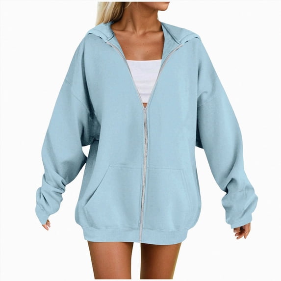 NOLDARES Zip Up Hoodie Women Long Sleeve Fall Winter Plus Size Plain Hooded Sweatshirts Trendy Casual Fashion Jacket With Pockets(Sky Blue,3XL)