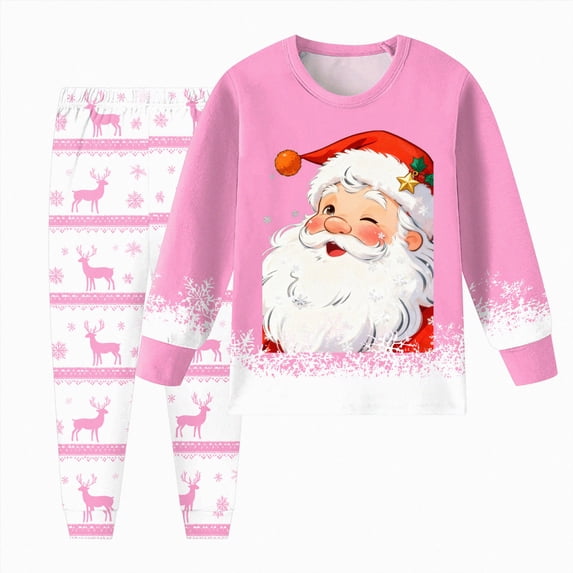 NOLDARESChristmas 2 Piece Girl Boys Pajamas Kids Long Sleeve Pajamas Pjs Printed Sleepwear Set for Toddler Baby Xmas Loungewear X131-Pink