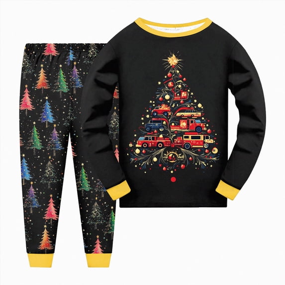 NOLDARESToddler Christmas Pajamas Pjs Set Boys Girls 2pcs Nightwear Long Sleeve Sleepwear Sets Xmas Jammies X106-Black