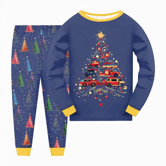 NOLDARESToddler Christmas Pajamas Pjs Set Boys Girls 2pcs Nightwear Long Sleeve Sleepwear Sets Xmas Jammies X106-Navy