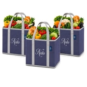 NOLO Reusable Grocery Bags 3 Pack, Large Collapsible Storage Bins with Reinforced Hard Bottom, 13 x 10 x 11 Inch Heavy Duty Shopping Totes, Navy