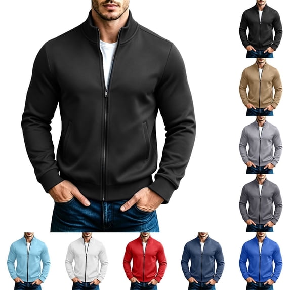 NOLVAREN Big and Tall Men's Full Zip Sweatshirt, Stand Collar No Hood Long Sleeve Sweatshirt Jacket with Pockets, Modern Fit Casual Athleisure Top, S - 3XL