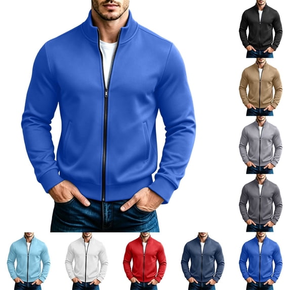 NOLVAREN Men's Full Zip Sweatshirt, Stand Collar No Hood Long Sleeve Sweatshirt Jacket with Pockets, Modern Fit Casual Athleisure Top, S - 3XL