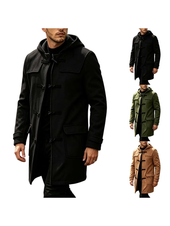 Men's Hooded Toggle Coat, Long Duffle Overcoat with Exterior Pockets, Midweight Long Sleeve Casual Outerwear for Men, M - 5XL