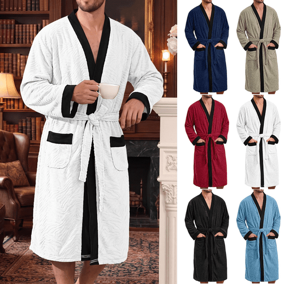 NOLVAREN Men's Long Bathrobe, Herringbone Pattern Robe with Tie Belt ...