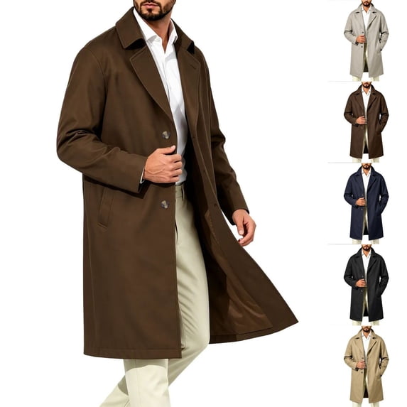NOLVAREN Men's Long Trench Coat, Water-Repellent Button Front Jacket with Peak Lapel, Lining and Exterior Pockets for Casual and Work Wear S - 3XL
