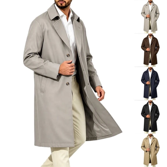 NOLVAREN Men's Long Trench Coat, Water-Repellent Button Front Jacket with Peak Lapel, Lining and Exterior Pockets for Casual and Work Wear S - 3XL