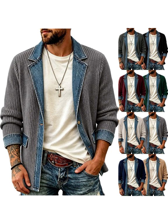 Men's Patchwork Jacket, Collared Long Sleeve Single Button Casual Jacket with Pockets, Midweight Knit Outerwear for Men, S - 2XL
