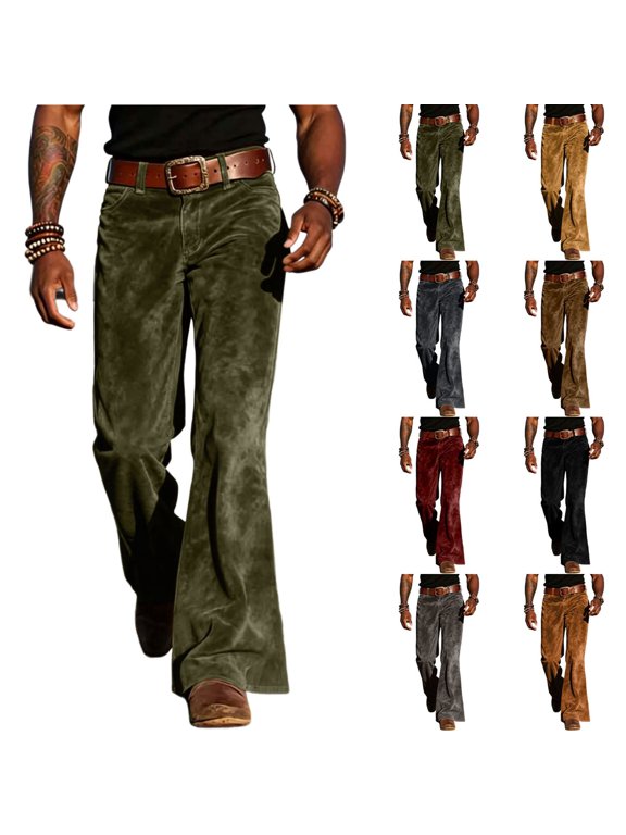 Men's Western Flare Pants, Relaxed Fit Solid Button Front Chino Trousers, Mid Rise Full Length Cowboy Style Casual Pants, S - 3XL