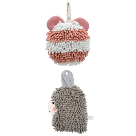 NOMADIC NOOK 2 Pack Chenille Fuzzy Ball Bathroom Hand Towels, Cute Cartoon Soft Absorbent Hanging Towels 7" x 7"/7" x 11" Pink/Grey