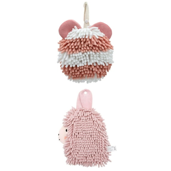 NOMADIC NOOK 2 Pack Chenille Fuzzy Ball Bathroom Hand Towels, Cute Cartoon Soft Absorbent Hanging Towels 7" x 7"/7" x 11" Pink