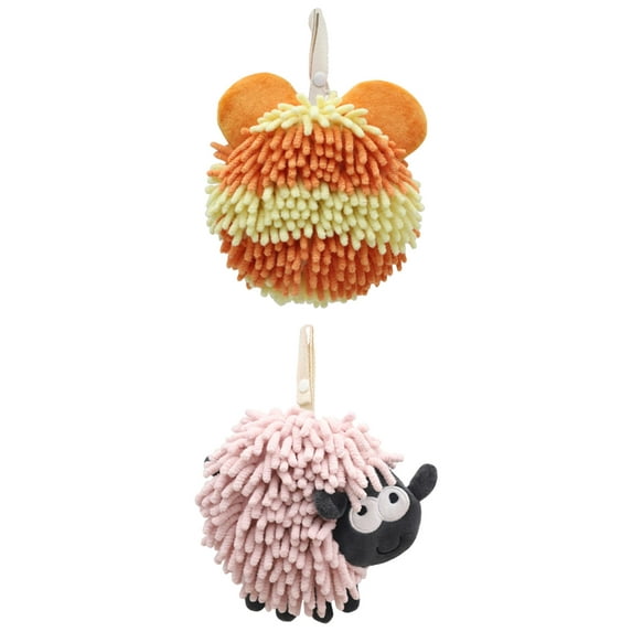 NOMADIC NOOK 2 Pack Chenille Fuzzy Ball Bathroom Hand Towels, Sheep Shape Absorbent Fast Drying Towels 7" x 7" Orange/Pink