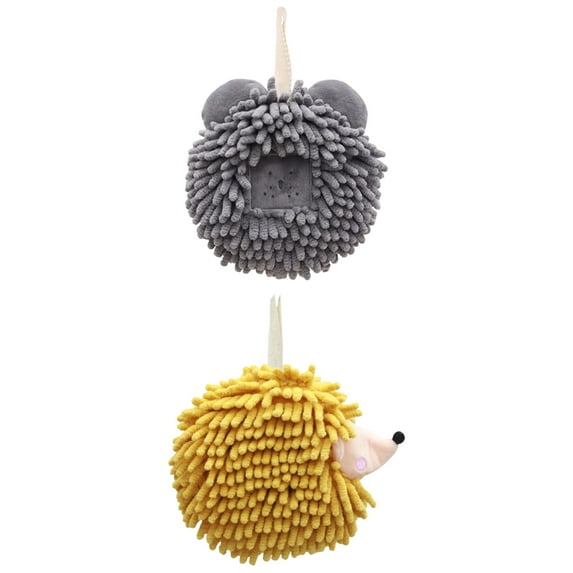NOMADIC NOOK 2 Pack Chenille Fuzzy Ball Hand Towels, Cute Cartoon Decorative Hand Drying Hanging Hand Towel for Bathroom 7" x 7" Dark Grey/Yellow