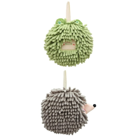 NOMADIC NOOK 2 Pack Chenille Fuzzy Ball Hand Towels, Cute Cartoon Decorative Hand Drying Hanging Hand Towel for Bathroom 7" x 7" Green/Grey