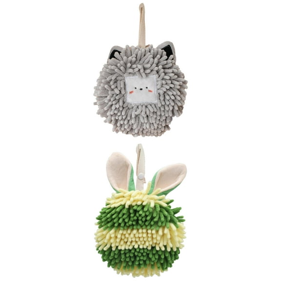 NOMADIC NOOK 2 Pack Chenille Fuzzy Ball Hand Towels with Hanging Loops,Rabbit Shape Quick Drying Soft Absorbent Decorative Towel 7" x 7" Light Grey/Green