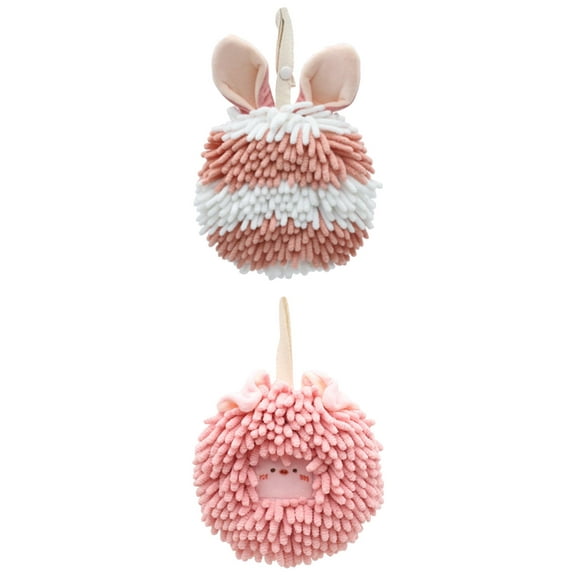 NOMADIC NOOK 2 Pack Chenille Fuzzy Ball Hand Towels with Hanging Loops,Rabbit Shape Quick Drying Soft Absorbent Decorative Towel 7" x 7" Pink