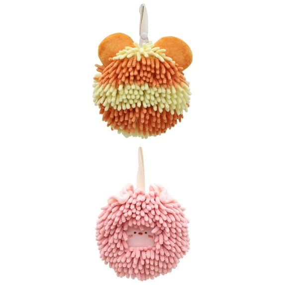NOMADIC NOOK 2 Pack Chenille Fuzzy Hand Towels Cute Bear Shape Decorative Soft Absorbent Hanging Ball Towels 7" x 7" Pink/Orange