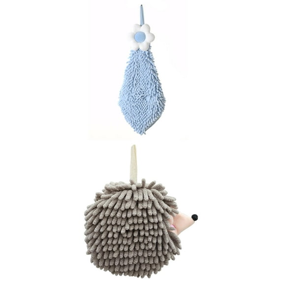 NOMADIC NOOK 2 Pack Chenille Hand Towel Flower and Cute Cartoon Hanging Hand Towel for Bathroom 6" x 15"/7" x 7" Blue-2/Grey