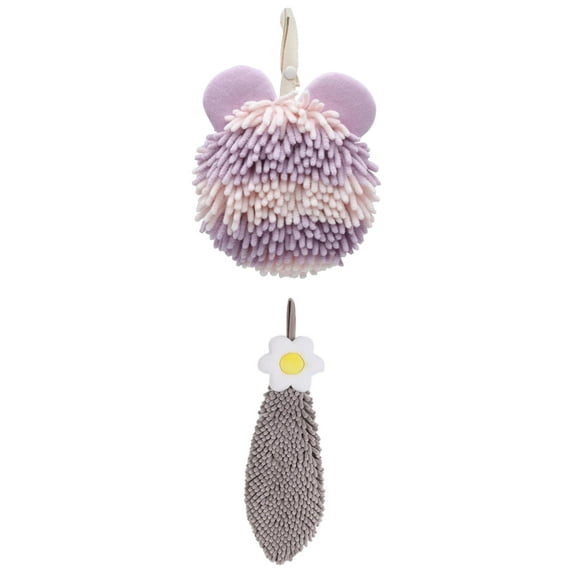 NOMADIC NOOK 2 Pack Chenille Hand Towel Hanging Bathroom Hand Towels with Loops, Soft Absorbent Flower Towels 6" x 15"/7" x 7" Grey/Purple