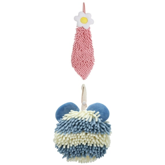 NOMADIC NOOK 2 Pack Chenille Hand Towel Hanging Bathroom Hand Towels with Loops, Soft Absorbent Flower Towels 6" x 15"/7" x 7" Pink-1/Blue